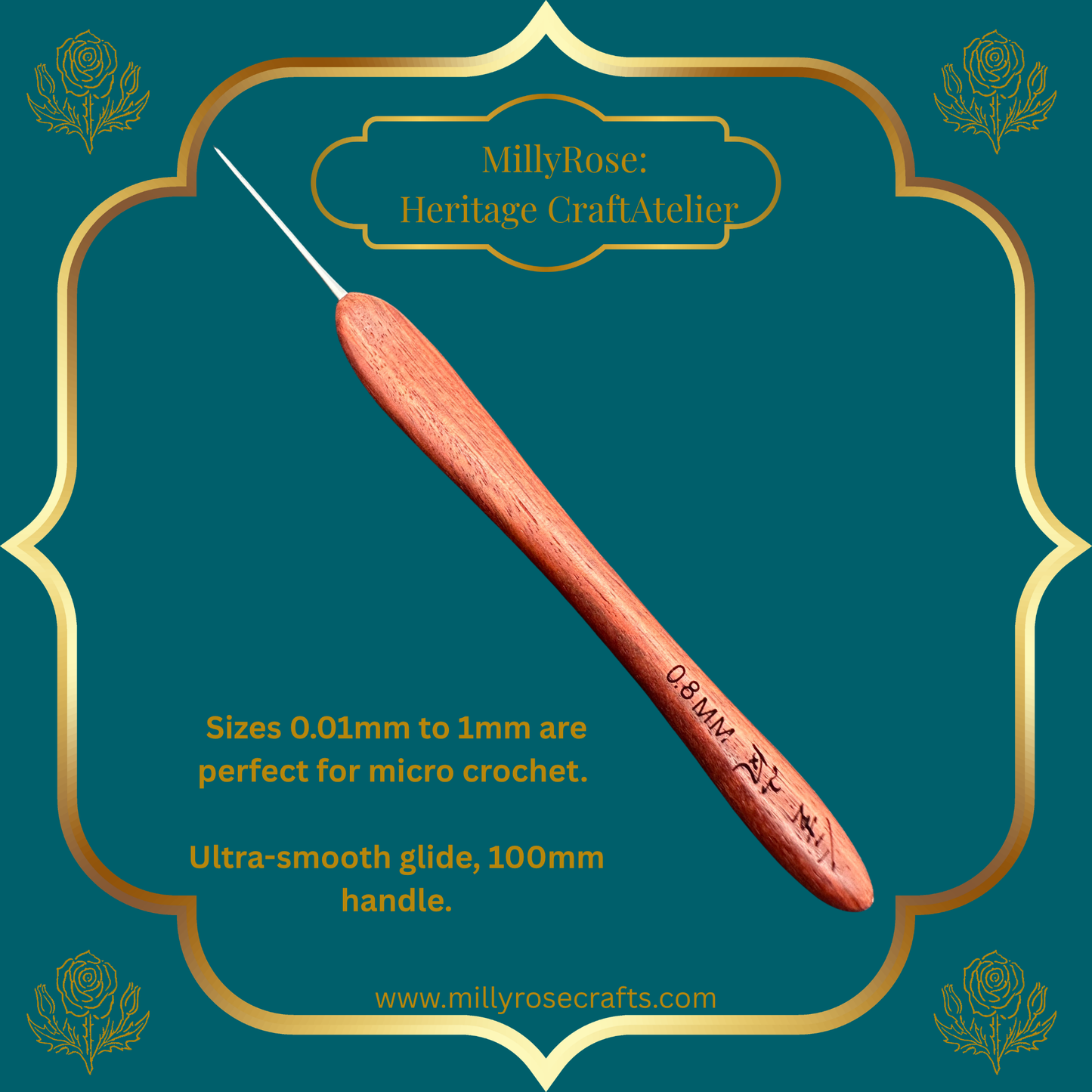 Jinlan Red Sandalwood Crochet Hook, Micro Crochet 0.01mm to 1.0mm High End Ergonomic Crochet Tool, Luxury Handcrafted Lace Hook, Heirloom Fiber Arts Gift, 100mm Handle