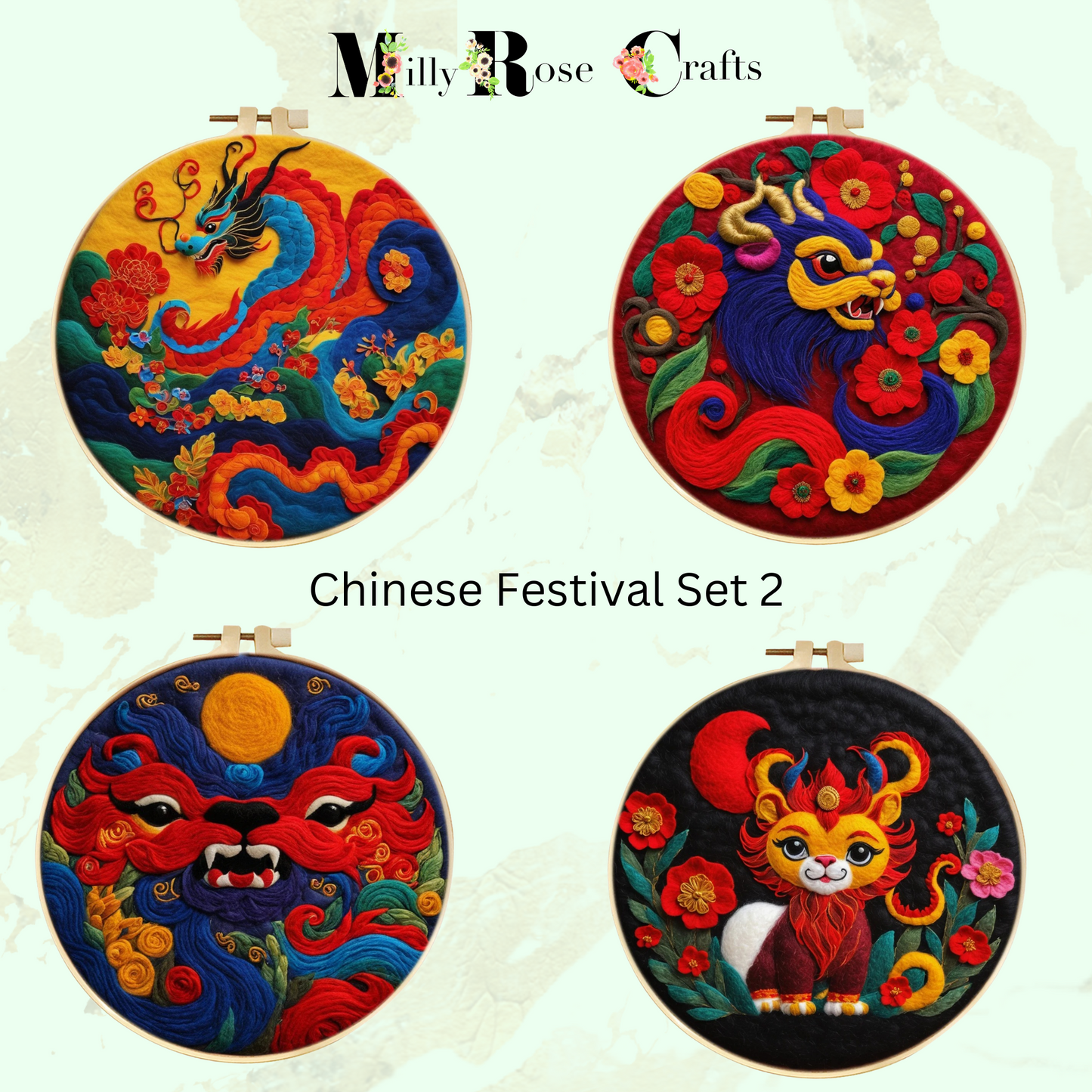 2d Needle Felting Kit, Set 2 of 5 Chinese Festival Theme Wool Painting Kit Adult Beginner Friendly Chinese Dragon Needle Felting Craft Kit