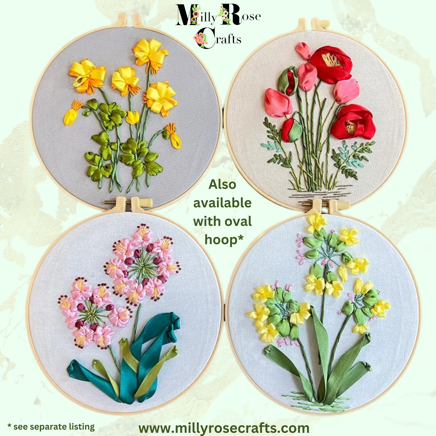 Silk Ribbon Embroidery Kit Round Frames, Poppies Silk Ribbon Embroidery Alium Primula Buttercups Silk Ribbon Beginner Needlework Craft Adult