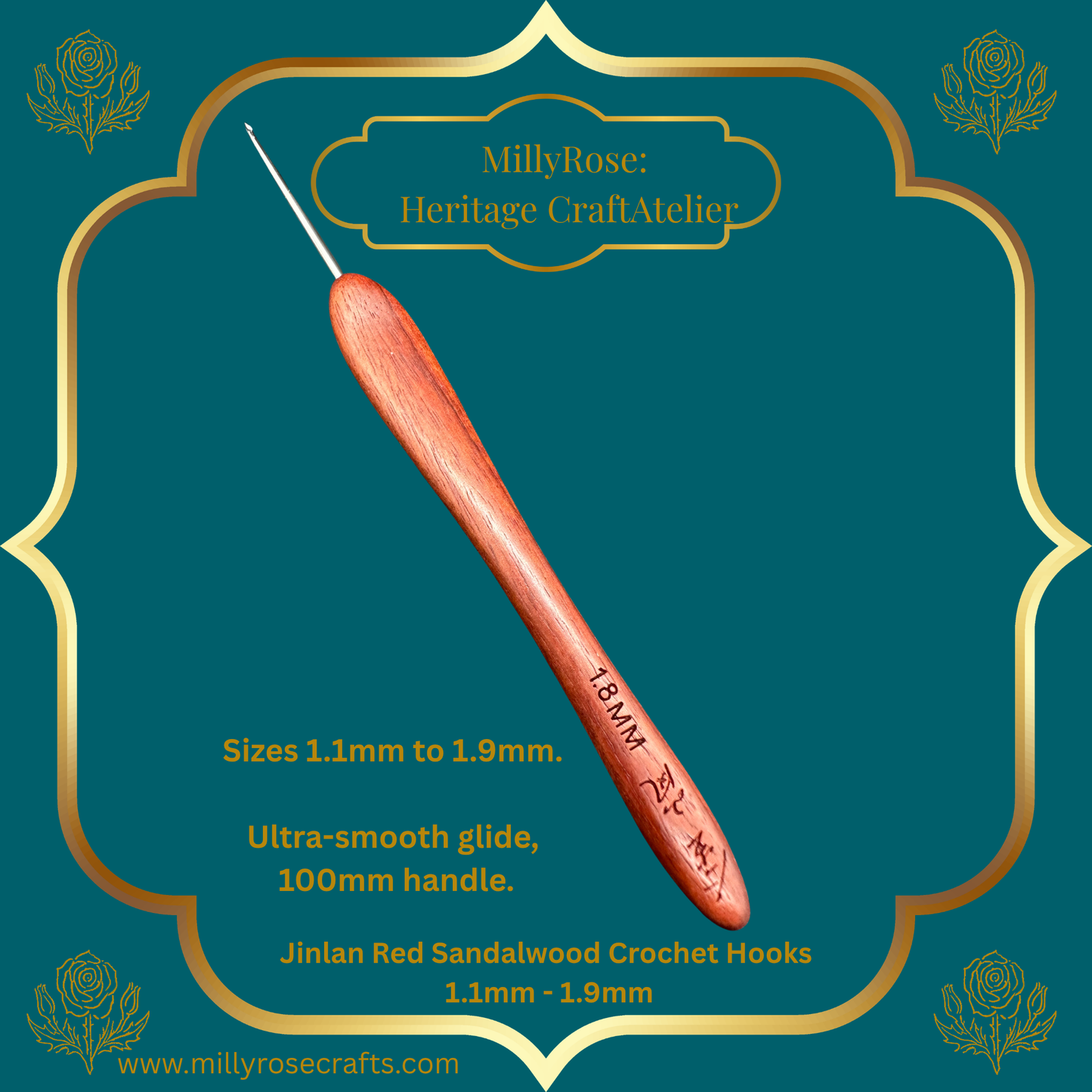 Jinlan Red Sandalwood Crochet Hook, Micro Crochet 1.1mm to 1.9mm High End Ergonomic Crochet Tool, Luxury Handcrafted Lace Hook, Heirloom Fiber Arts Gift, 100mm Handle