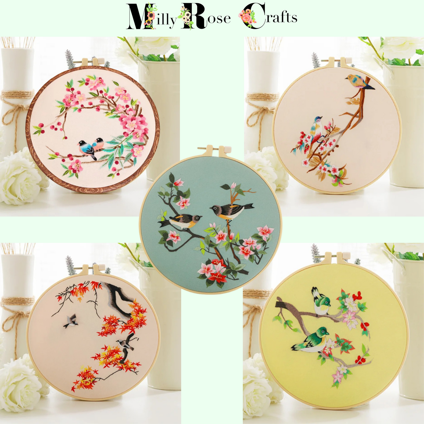 Oriental Bird & Flowers Embroidery Kit Apple Blossom Heron Embroidery Kit Oriental Acer Beginner Adult Stamped Cross Stitch Great craft gift