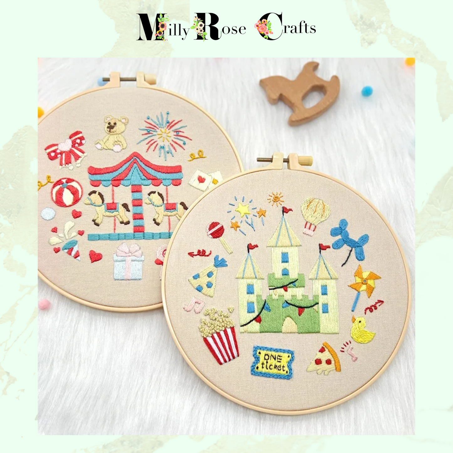 Fun Fair Carousel Embroidery Kits DIY Nursery Embroidery Kit for Beginners Adults Circus Embroidery Castle Stamped Cross Stitch Perfect Craft Gift Idea