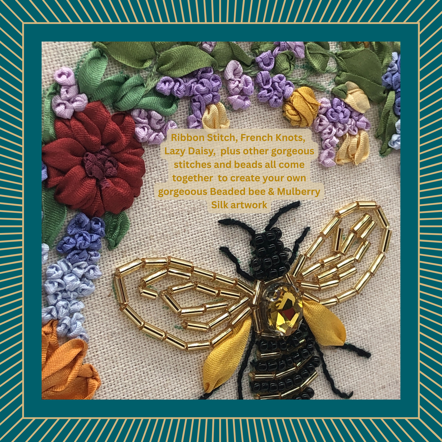 Beaded Bee & Mulberry Silk Ribbon Embroidery Kit | Heritage Craft Wreath Design by MillyRose