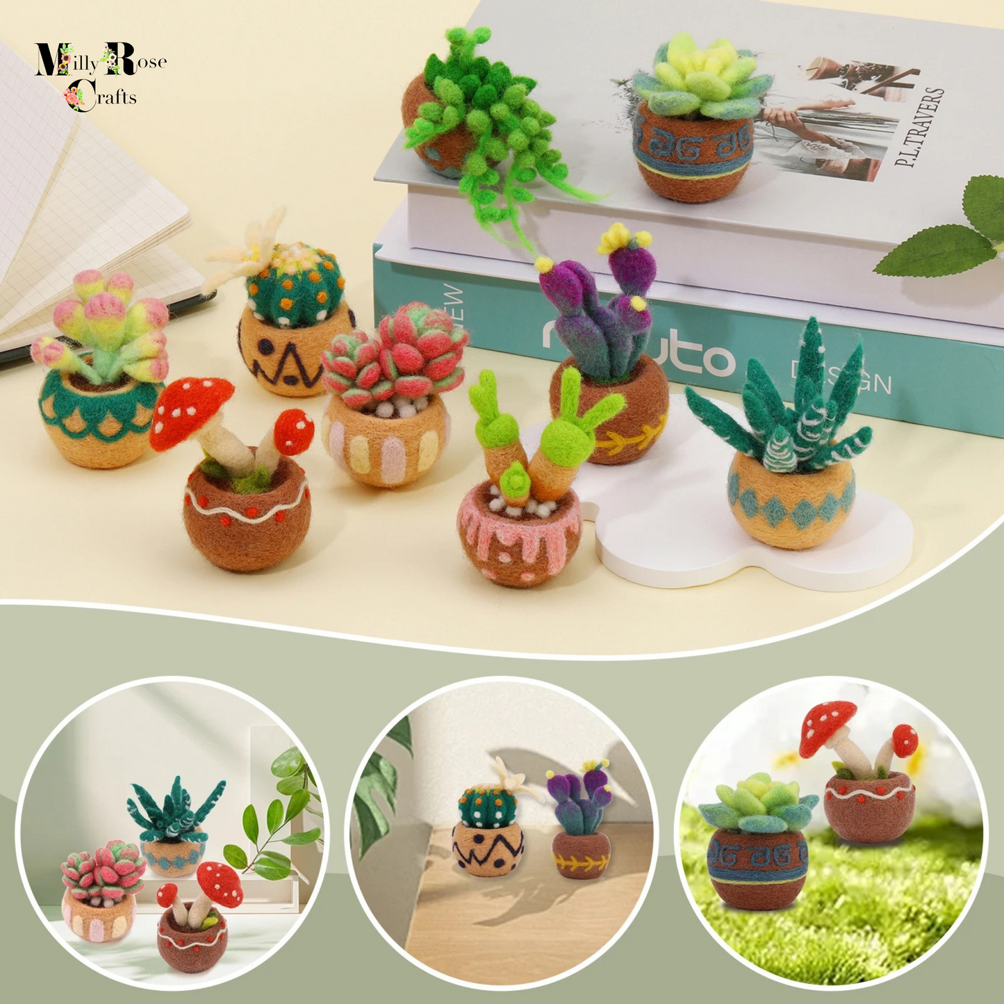 Succulent Needle Felting Kit, Cacti in Pots Needle Felting Kit 6-9-15 Cacti Felting Kit Wool Felting Mat 12 Felting Needles Craft Gift