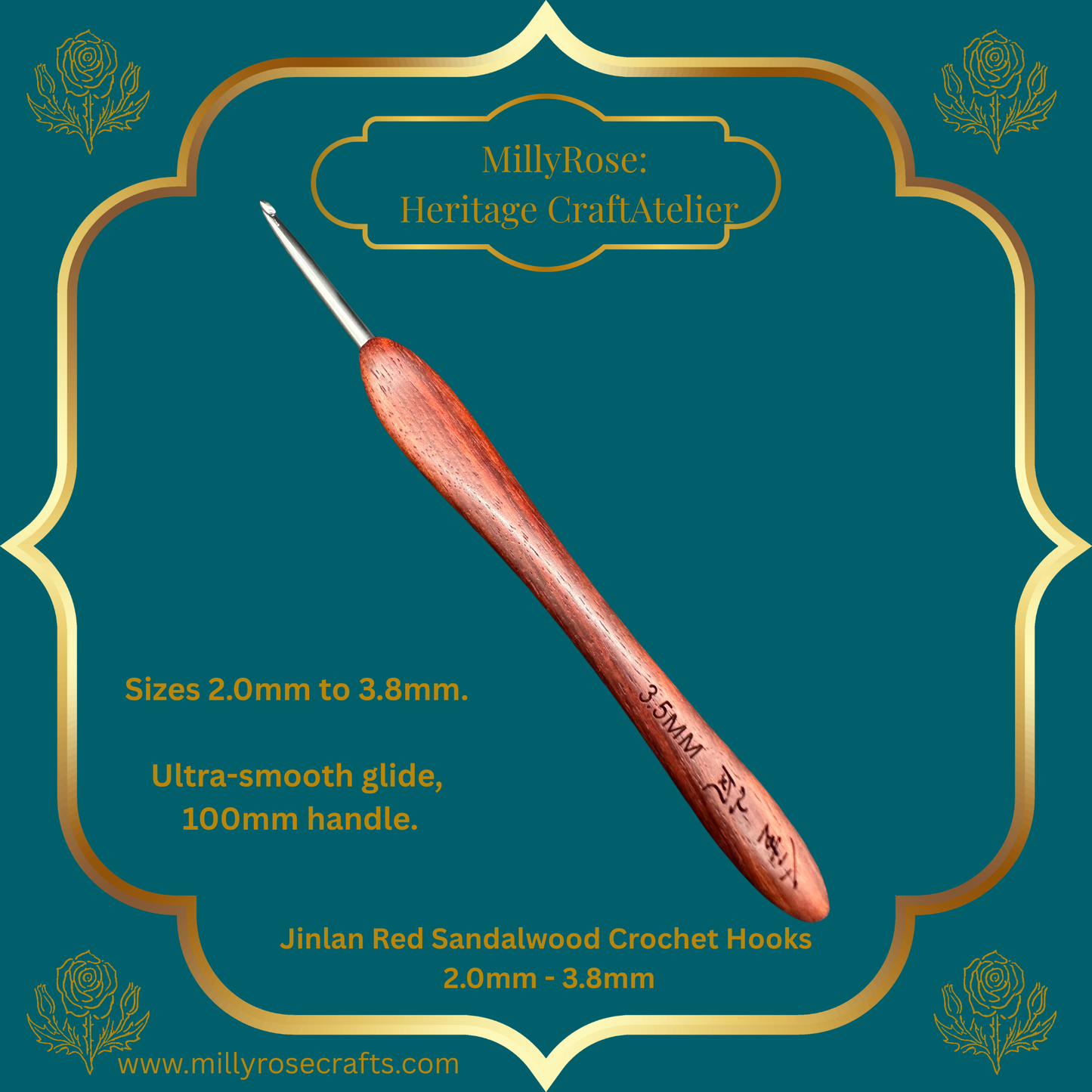 Jinlan Red Sandalwood Crochet Hook, Micro Crochet 2.0mm to 3.8mm High End Ergonomic Crochet Tool, Luxury Handcrafted Lace Hook, Heirloom Fiber Arts Gift, 100mm Handle