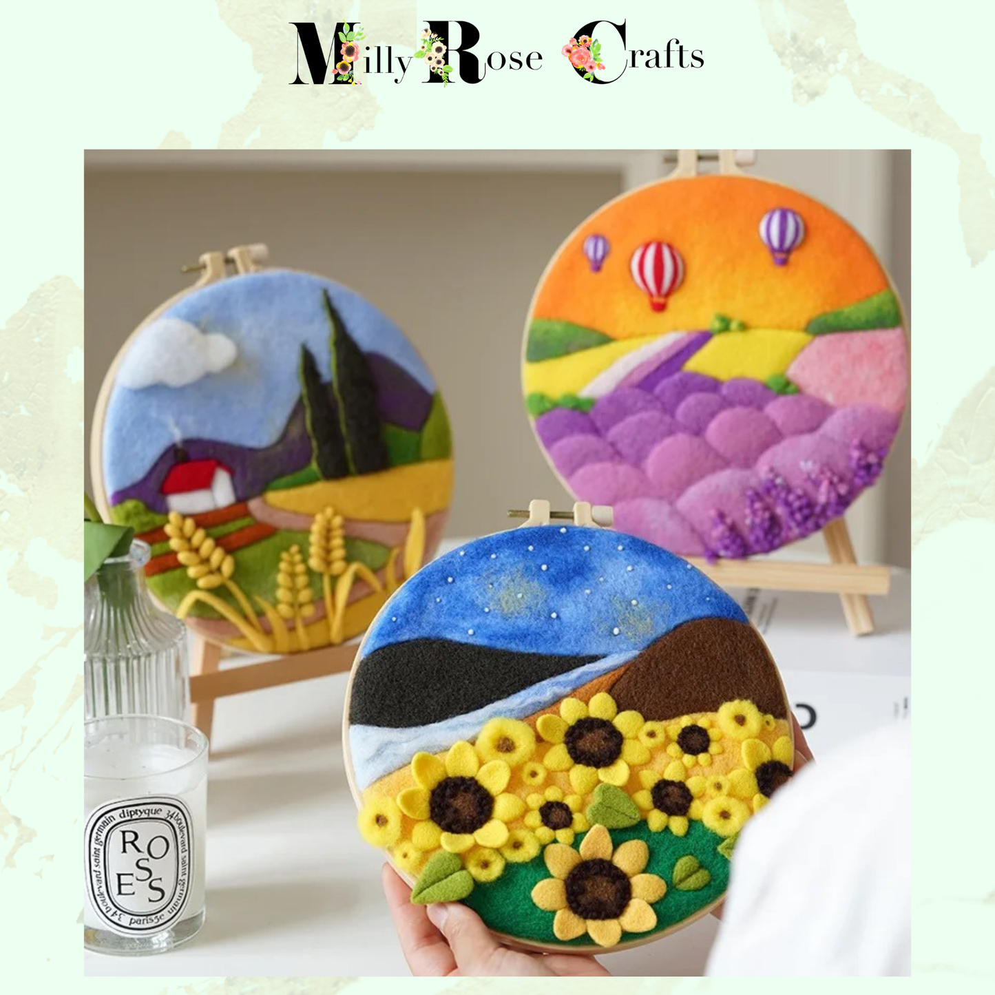 2D Needle Felting Kit Sheep in Field Wool Painting Kit for beginners Seascape Needle Felting Picture 2D Apple Blossom Craft Gift