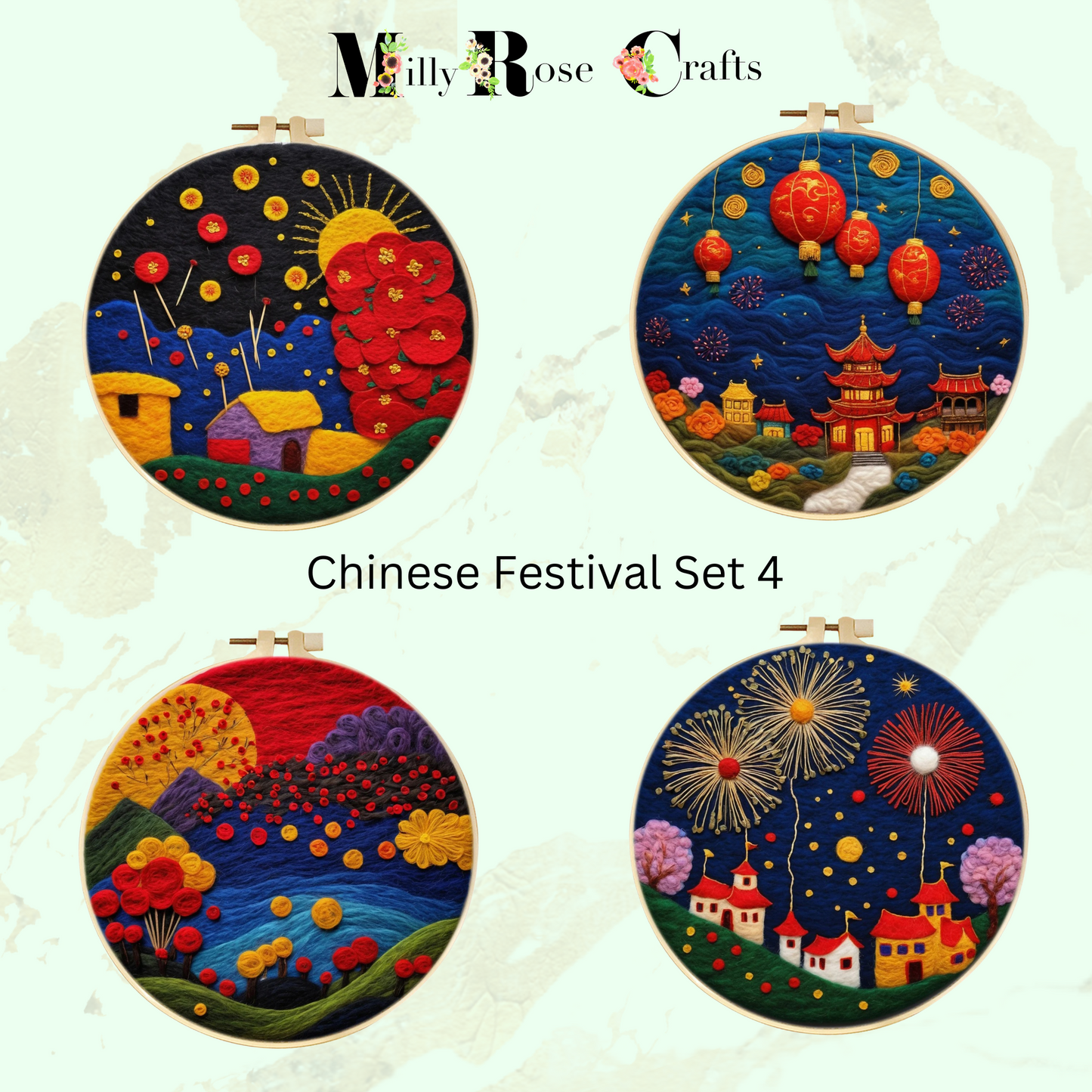 2d Needle Felting Kit, Set 4 of 5 Chinese Festival Theme Fireworks Wool Painting Kit Adult Beginner Friendly Chinese Temple Needle Felting Craft Kit