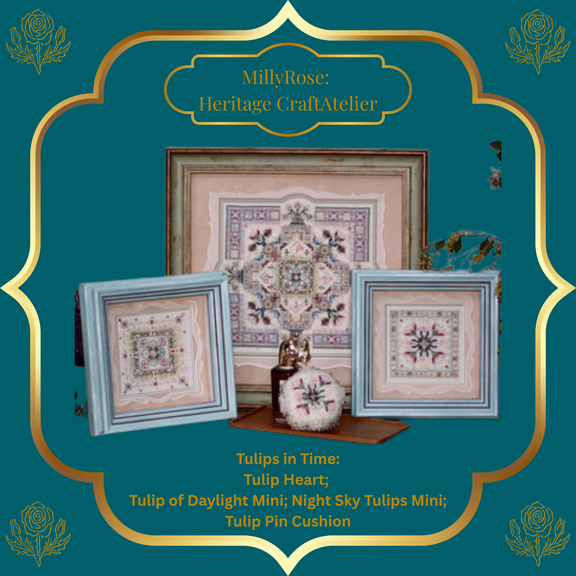 A row of three completed and framed Tulips in Time miniature needlework designs showcasing the beautiful multi-medium texture.