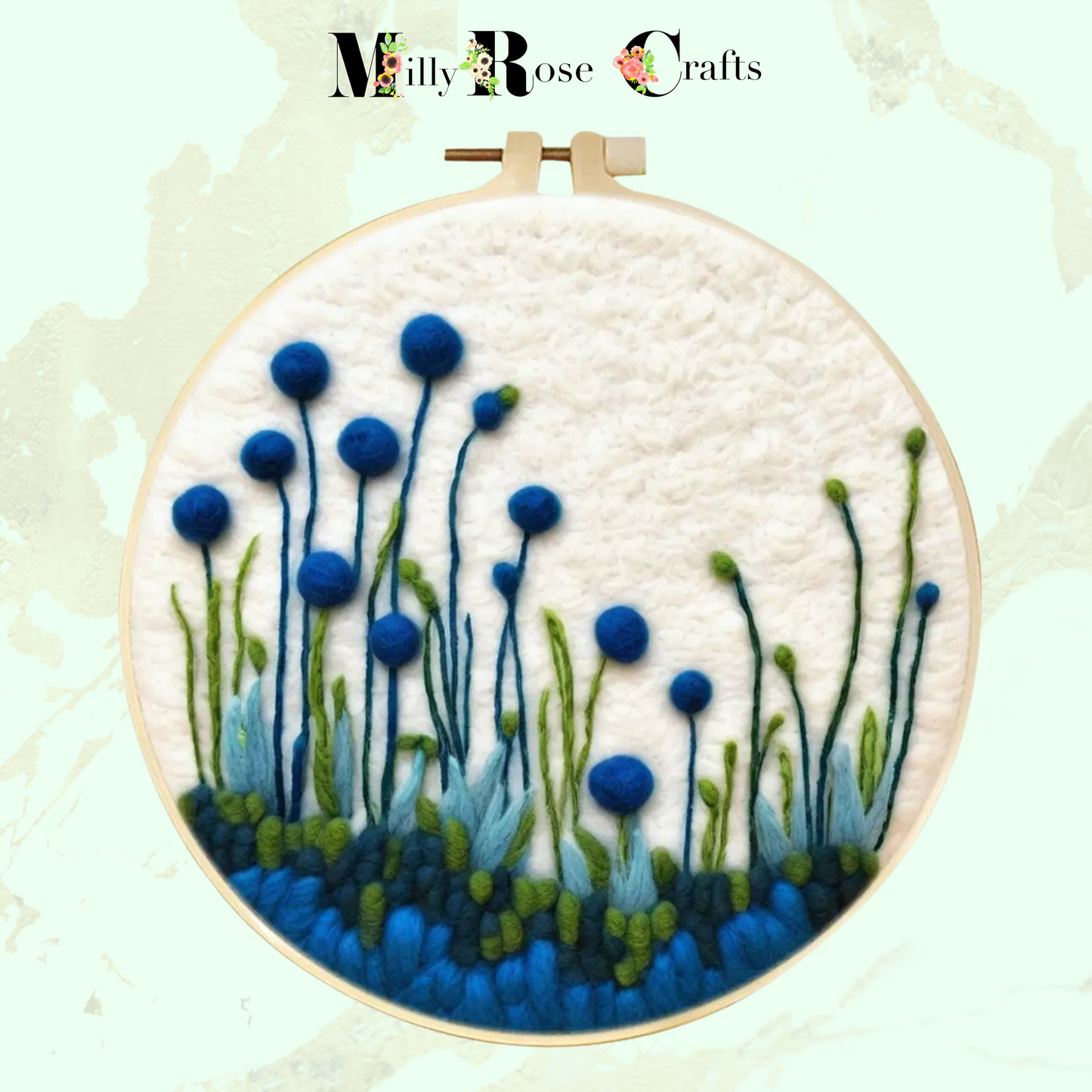 2D Floral Needle Felting Kit Adult Beginner Blue Themed Wool Painting Kit Complete Felting Kit 20cm Hoop Craft Gift Idea