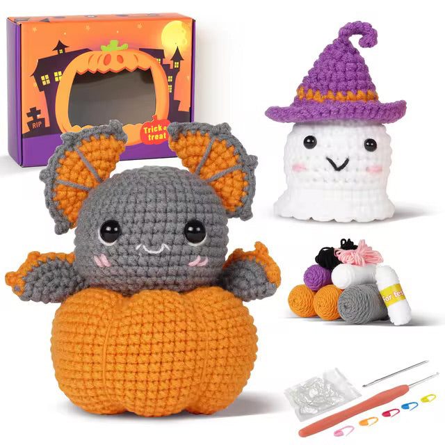 Halloween Bat In Pumpkin with Ghost Amigurumi Kit