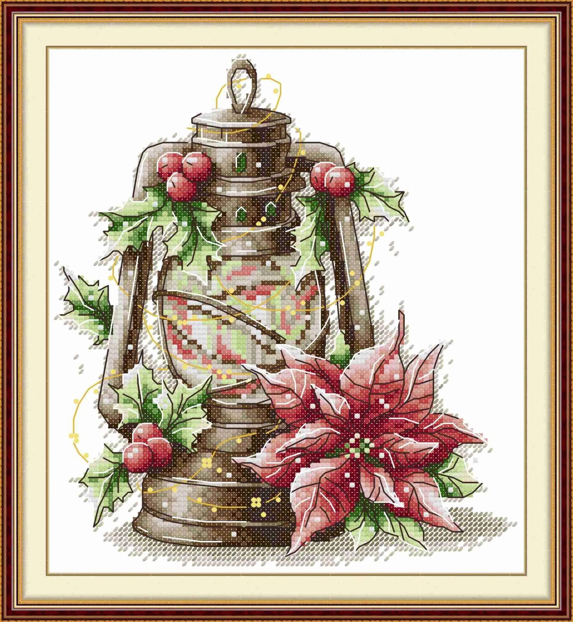 Winter Poinsettia and Holly Lantern Cross Stitch Kit