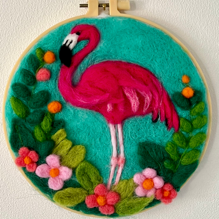 2D needle felting kit, pink flamingo needle felting, complete needle felting kit