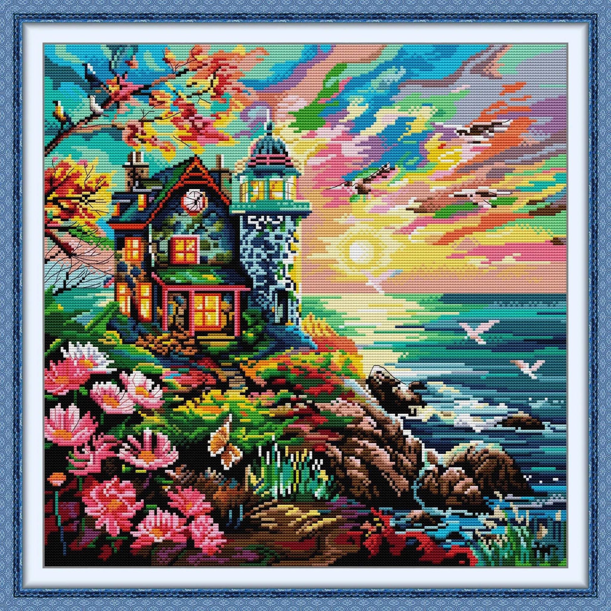 Seaside Light House Cross Stitch Kit - Vibrant Version 