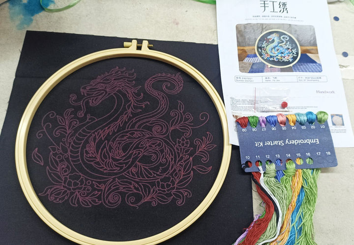 Oriental Snake Embroidery Kit 30cm Hoop 4 Designs Dragon Snake stamped cross stich embroidery DIY Craft Set suitable