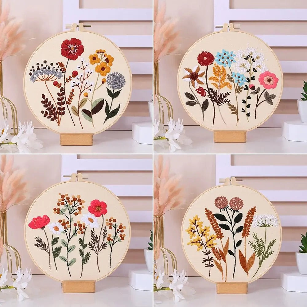 Meadow Flower Embroidery Starter Kit Beginners DIY Embroidery kit, 4 x pre printed cloth 2 x 20cm hoops Quality Embroidery Thread Craft gift